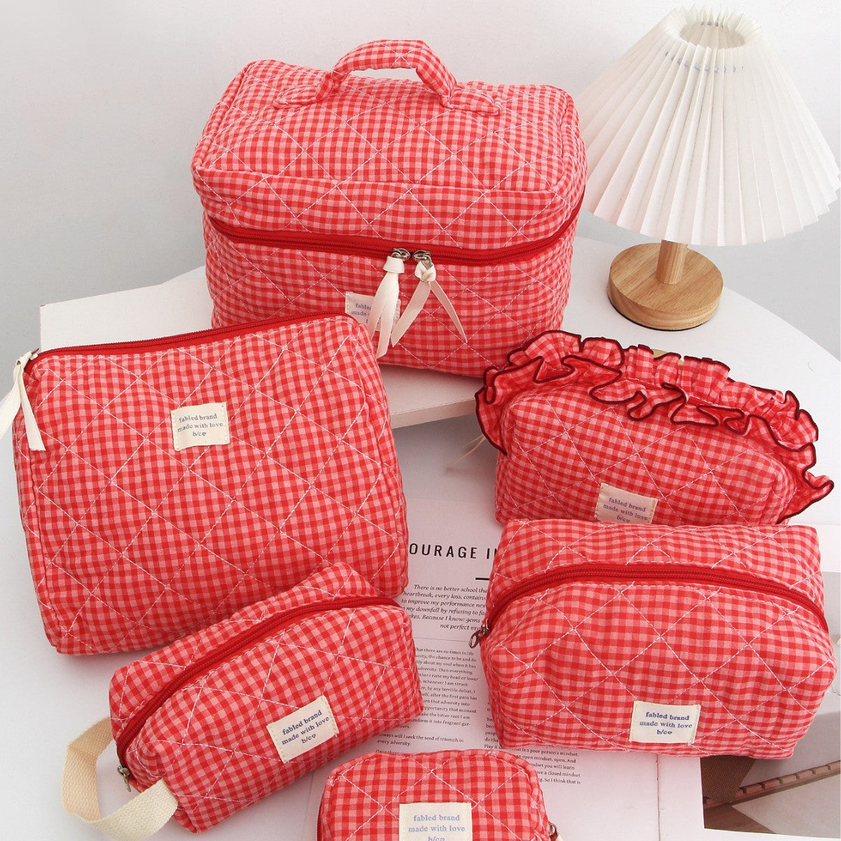 Red Plaid Quilted Large Capacity Cosmetic Bag