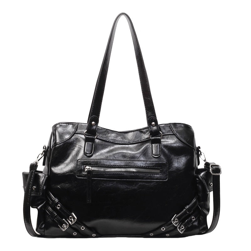 Retro Glossy Faux Leather Tote Bag with Multiple Pockets