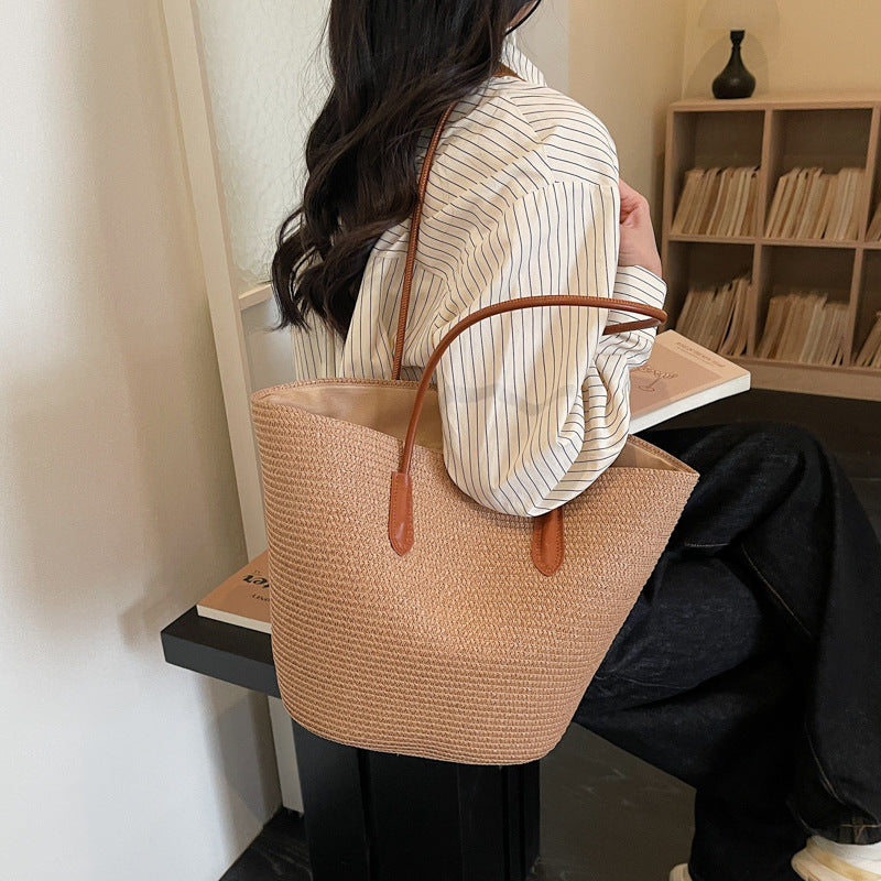 Women Trendy Shoulder Straw New Large Woven Beach Handheld Tote Bag