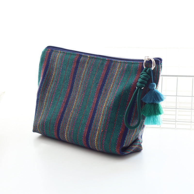 Women Colorful Stripe Tassel Handheld Ethnic Zipper Travel Pouch