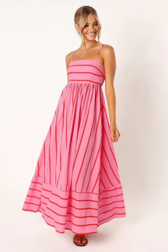 Striped Suspender Backless Large Swing Fresh Dress