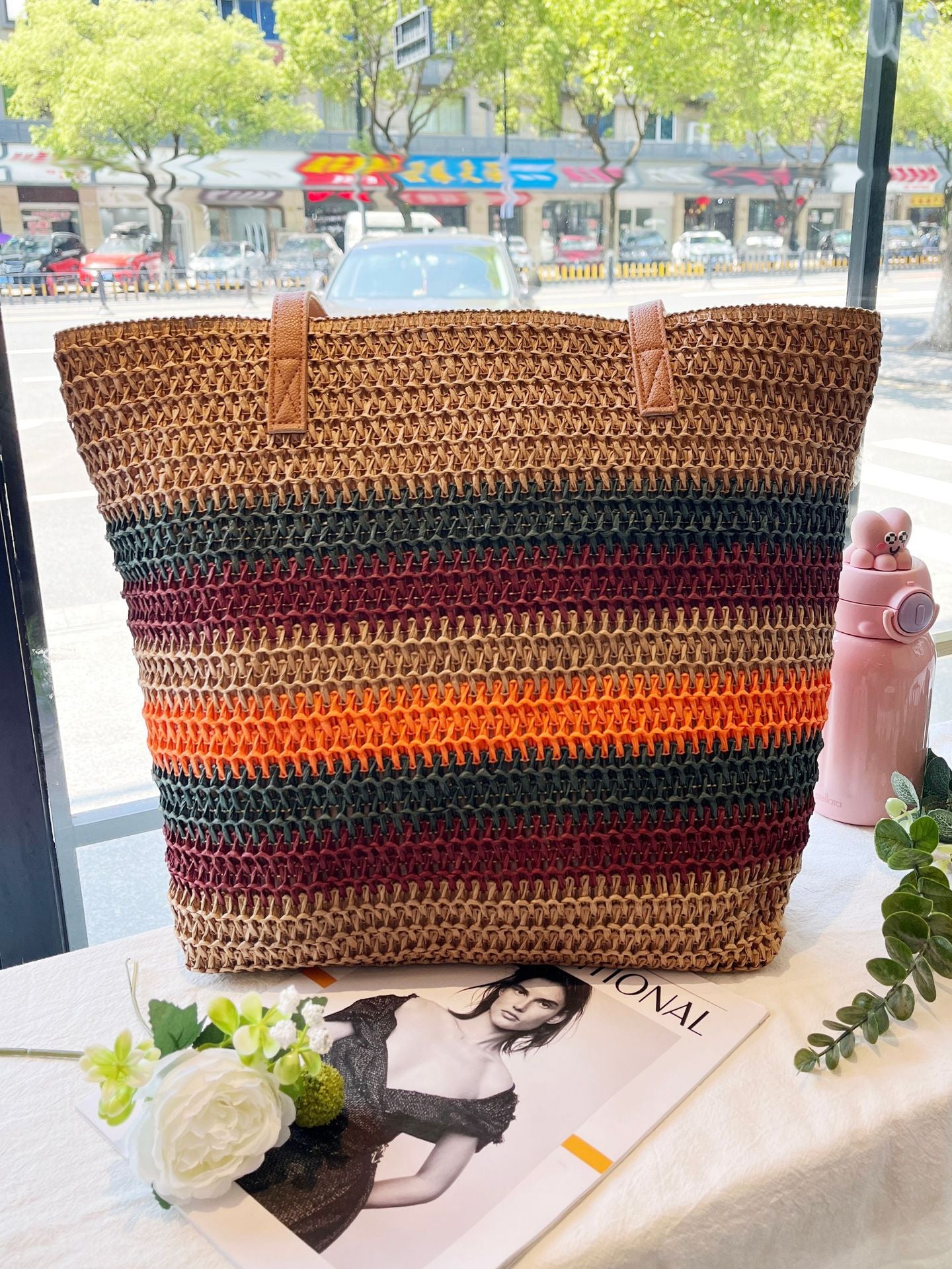 Rainbow Stripe Contrast Color Woven Straw Beach Bag