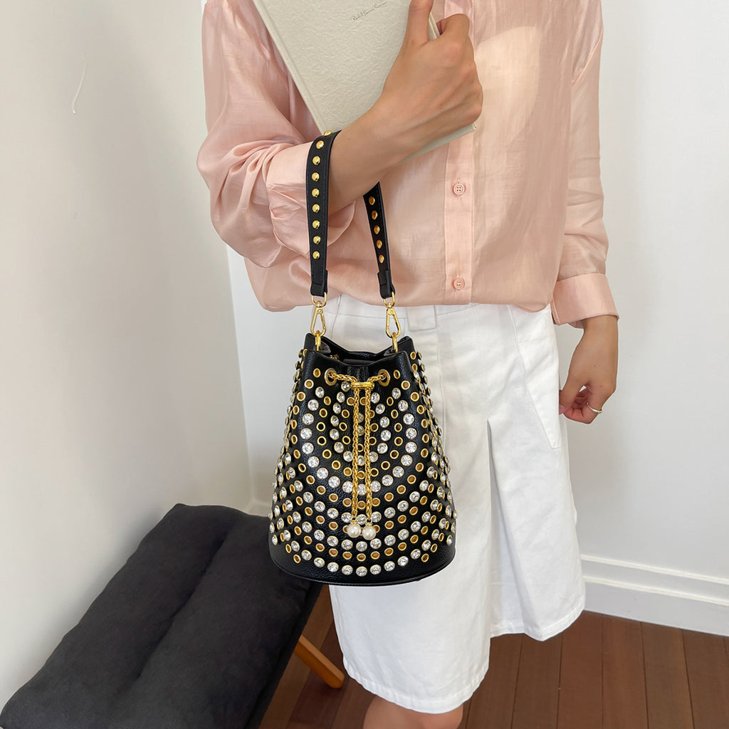 Rhinestone Studded Drawstring Bucket Shoulder Bag