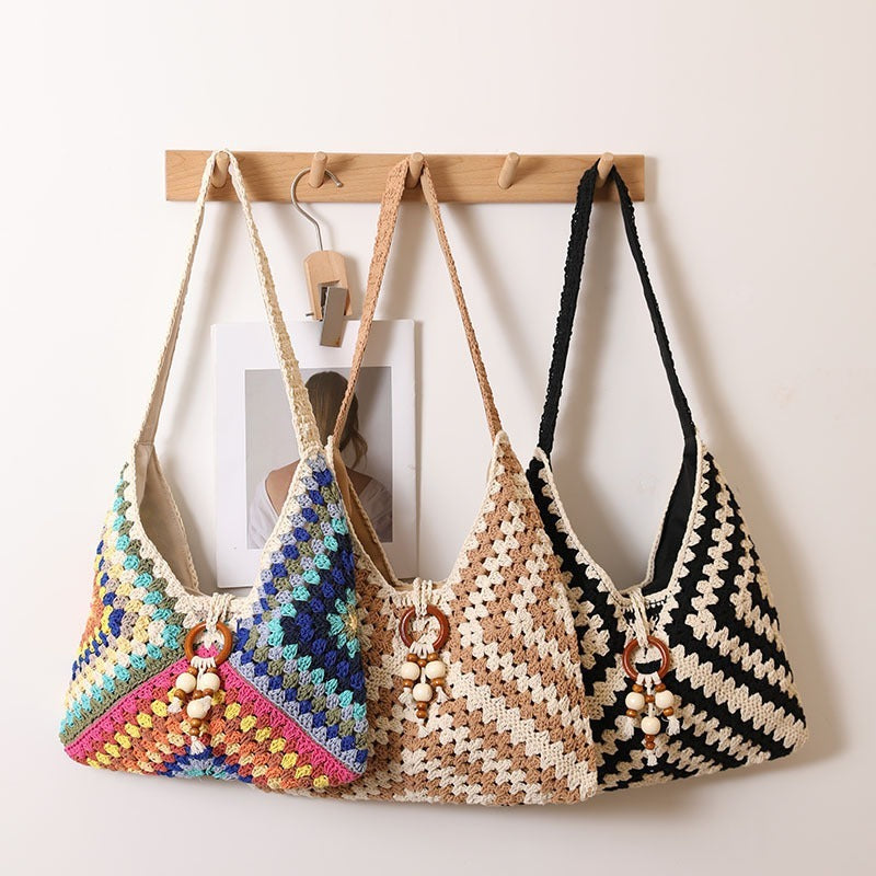 Ethnic One-Shoulder Cotton Woven Plaid Straw Beach Bag
