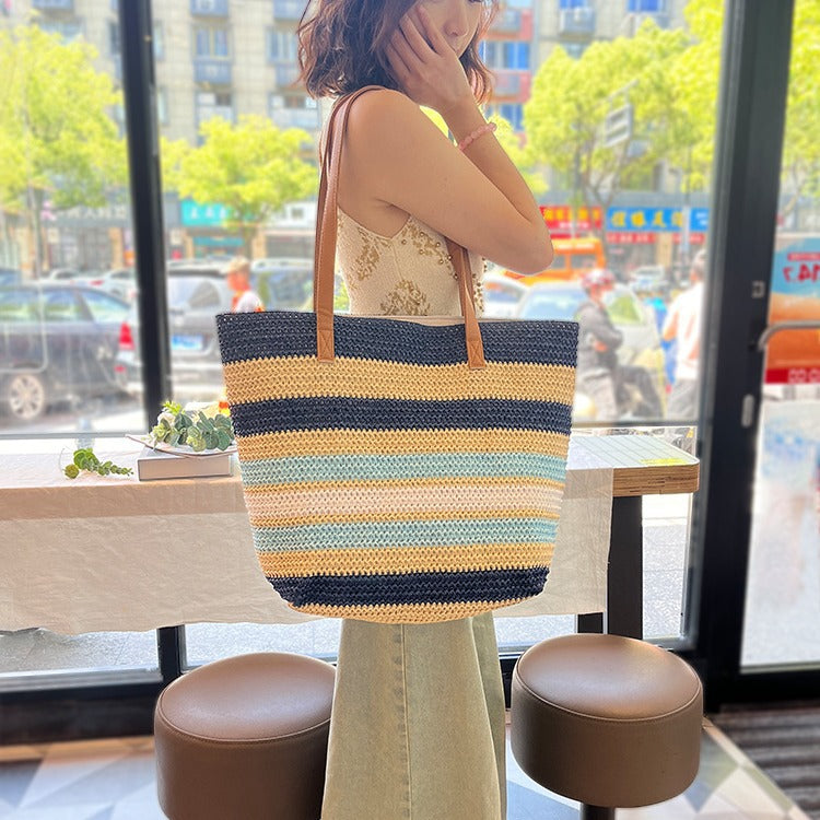 Striped Contrasting Color Handmade Straw Tote Bag