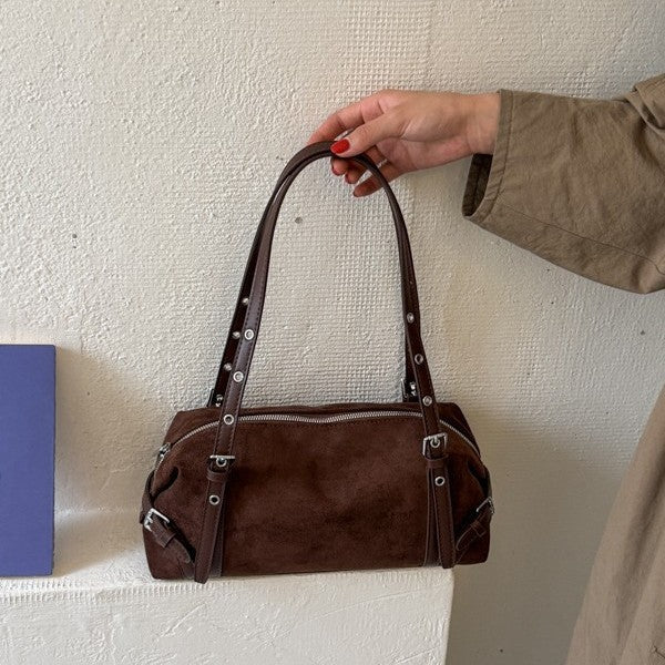 Vintage Studded Suede-Look Boston Shoulder Bag with Studded Straps