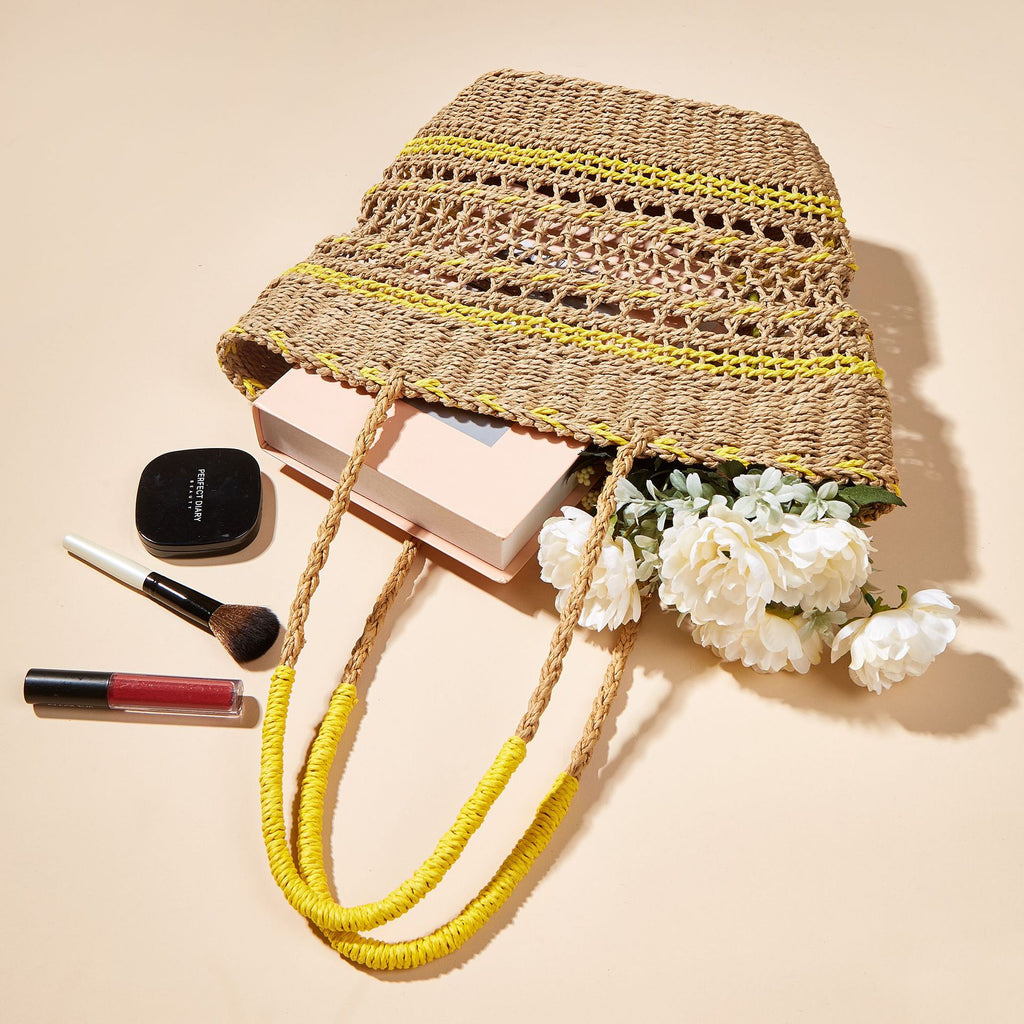 Hollow Woven Paper Rope Contrast Color Straw Bag