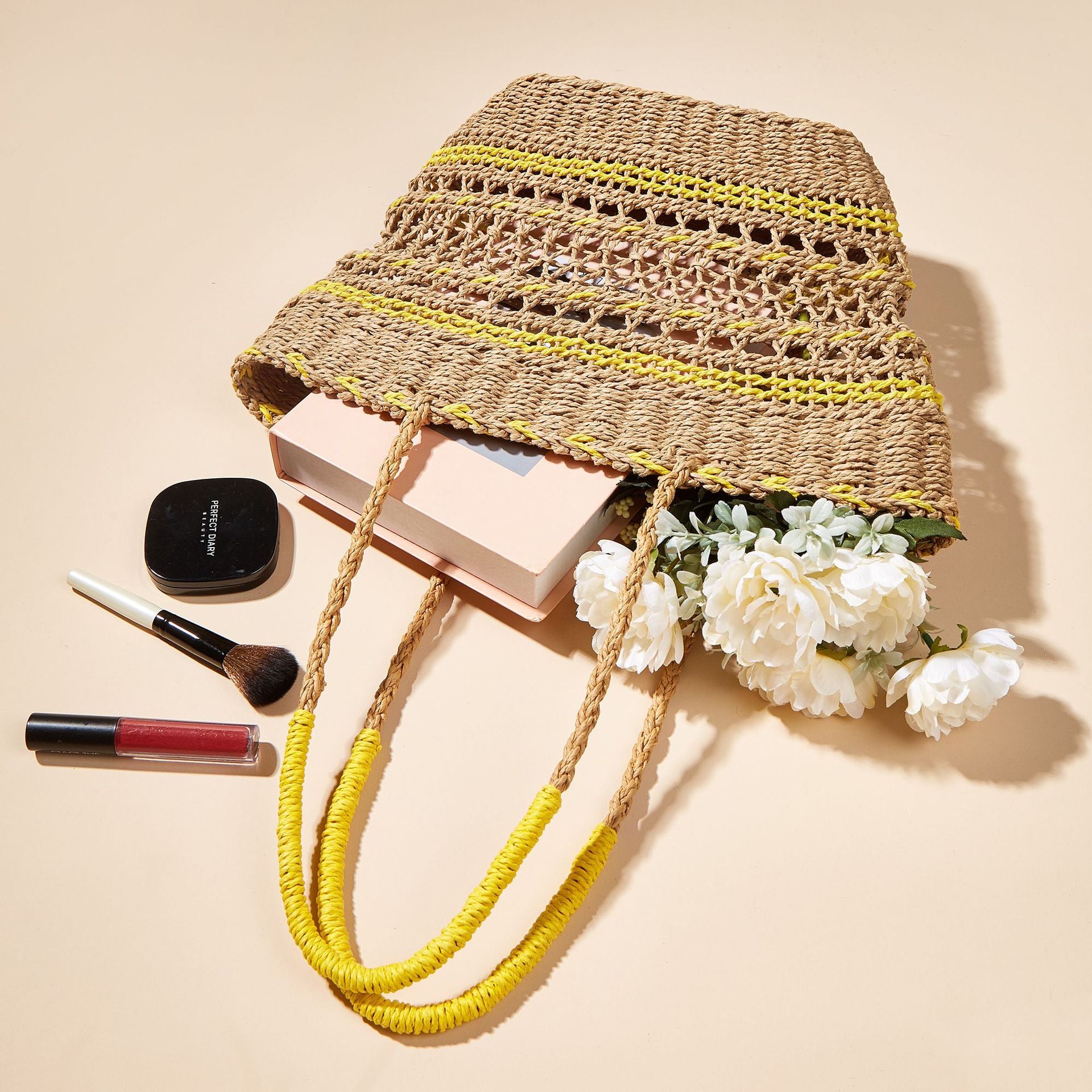 Hollow Woven Paper Rope Contrast Color Straw Bag