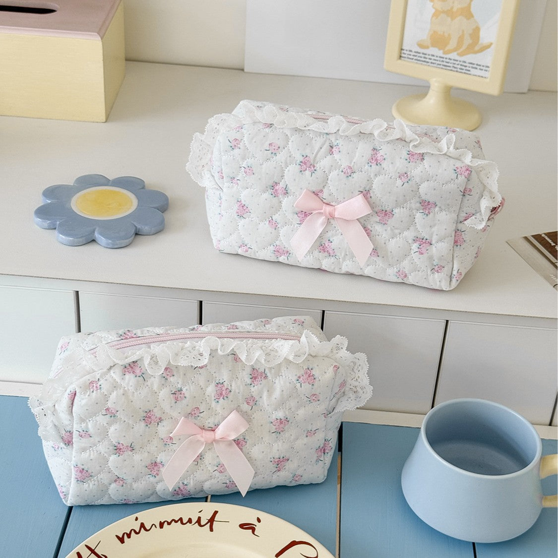 Pink Rose Lace Large Capacity Storage Bag