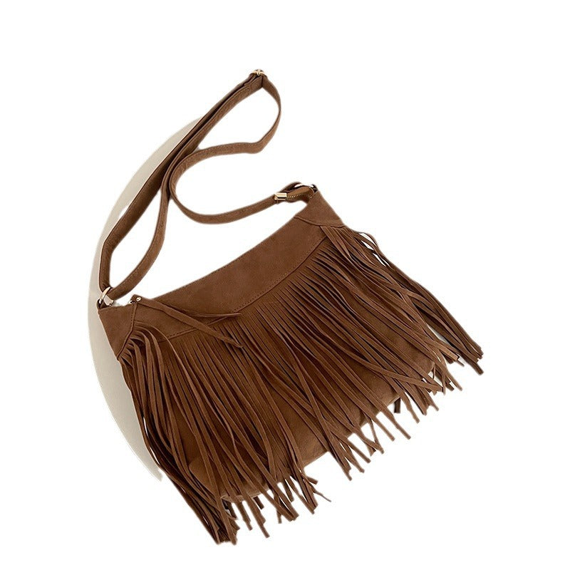 Women Western Retro Tassel Suede Crossbody Shoulder Bag