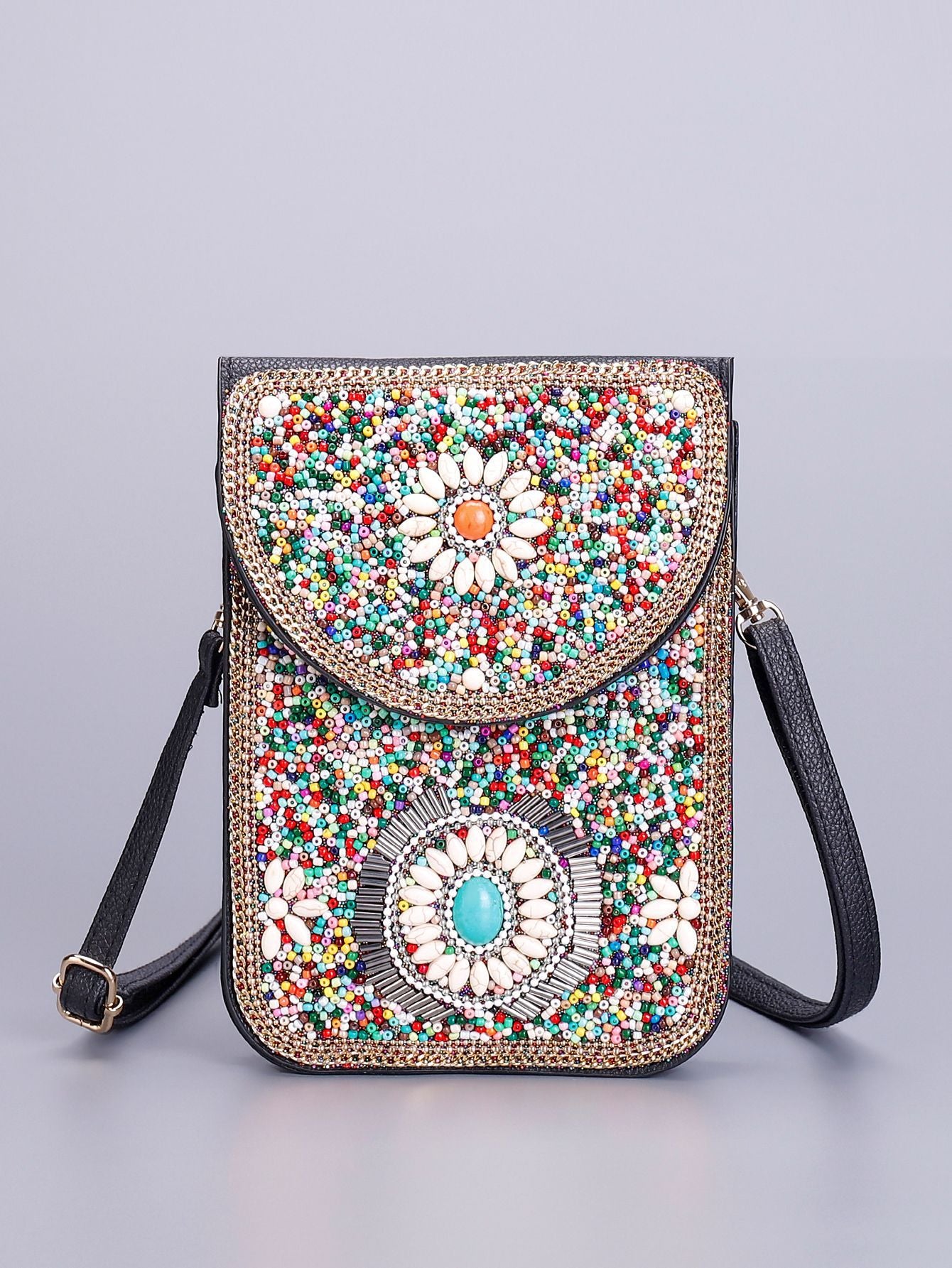 Women Ethnic Style Beaded Crossbody Bag, Handmade Turquoise Red Phone Bag
