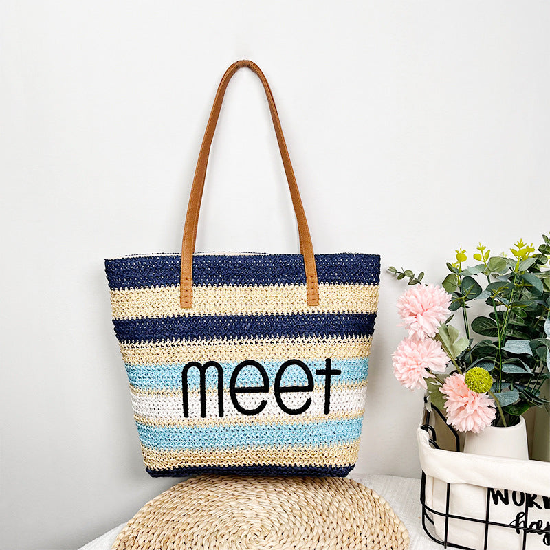 Woven Embroidered Large Capacity Straw Beach Tote Bag