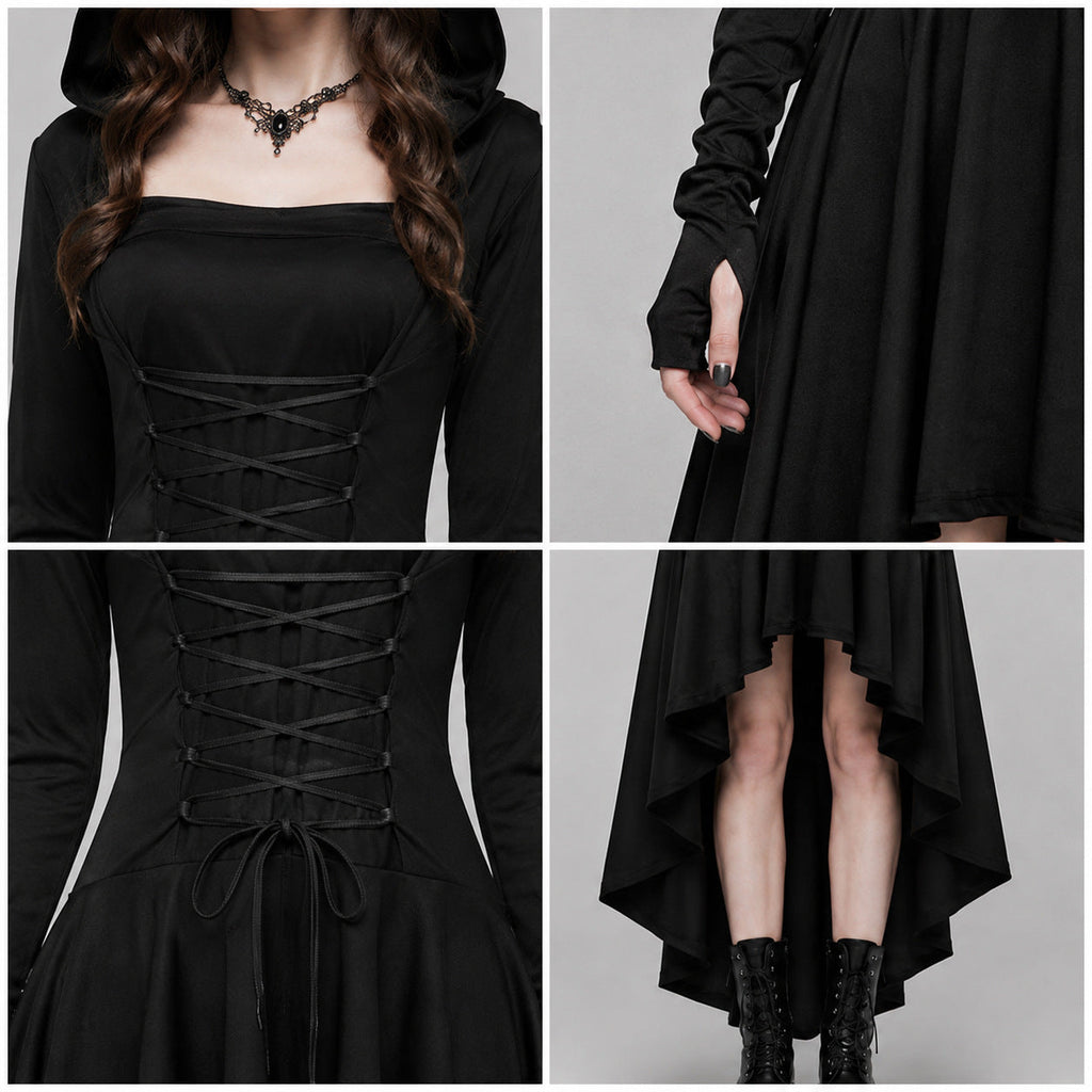 Halloween Gothic Hooded High-Low Dress with Lace Up Corset Waist