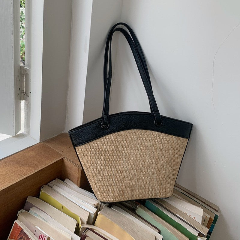 French Retro Straw Vegetable Basket Shoulder Woven Beach Bag