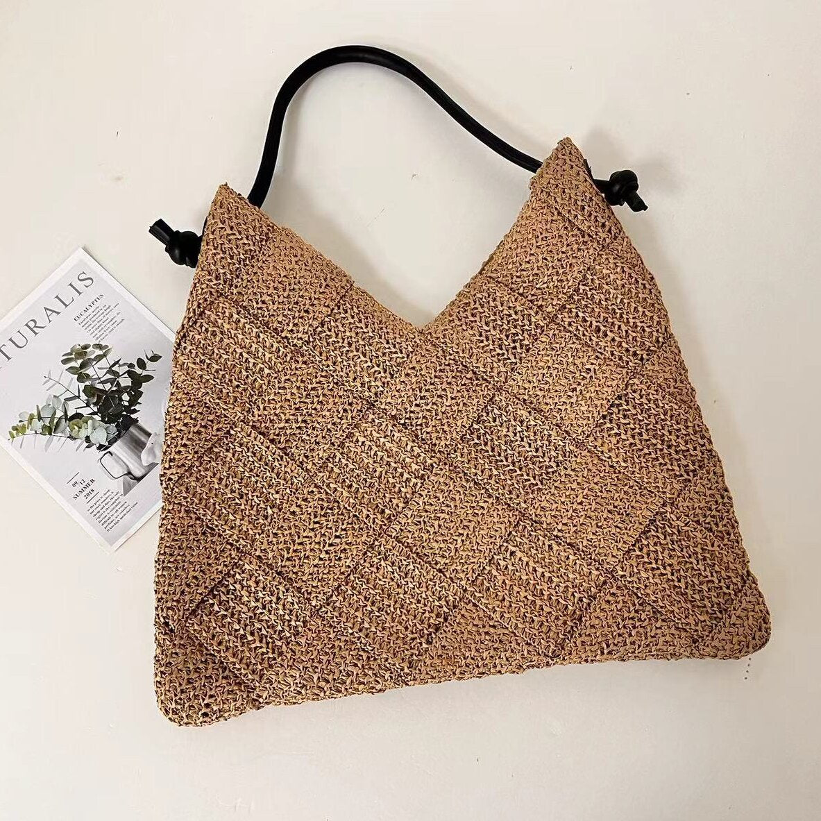Women Casual Hollow Cotton Woven Shoulder Bag, Portable Straw Beach Vacation Bag