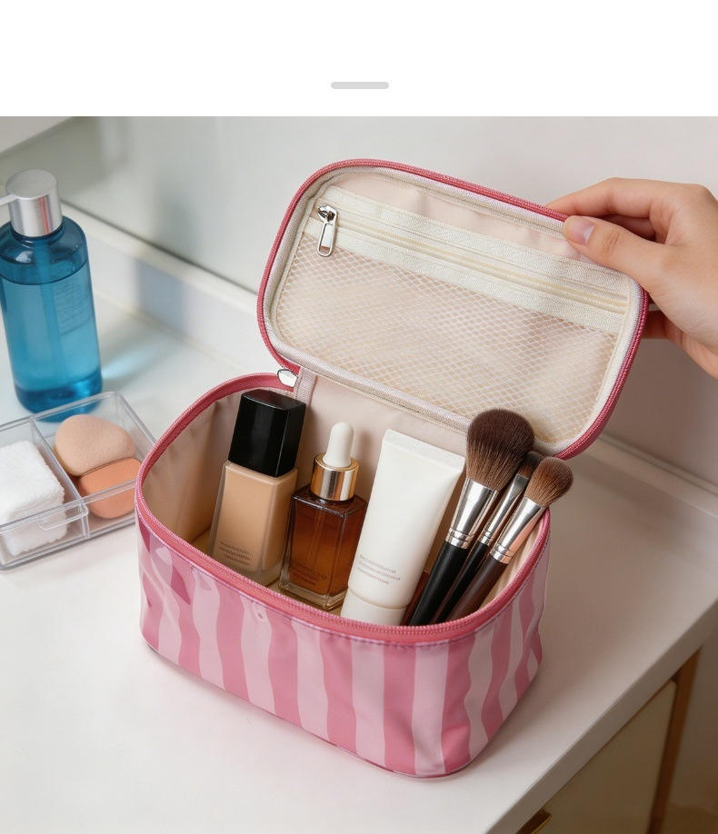 Striped Clear PVC Cosmetic Bag with Top Handle and Double Zip Closure