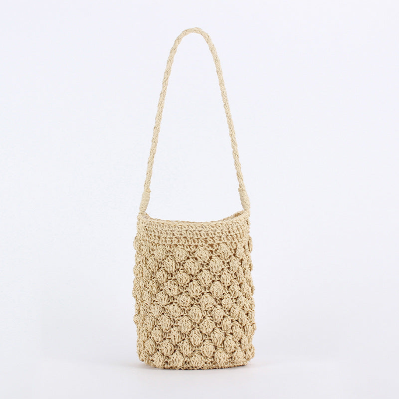 Women Cylindrical Paper Rope Woven Bucket Beach Vacation Handbag