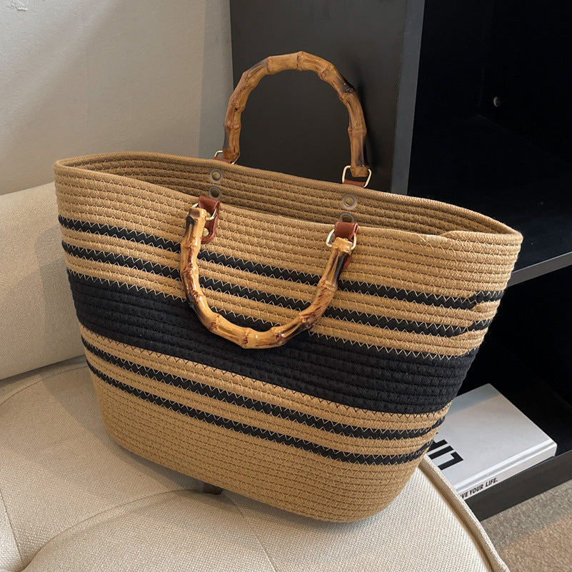 Woven Spliced Single Shoulder Large Capacity Beach Tote Bag