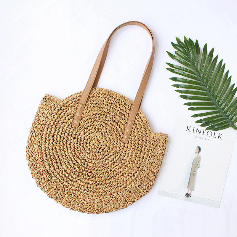 Straw Woven Bag New Shoulder Women'S Bag Beach Woven Bag Fashion Simple Literary Leisure Travel Vacation Round Large Bag