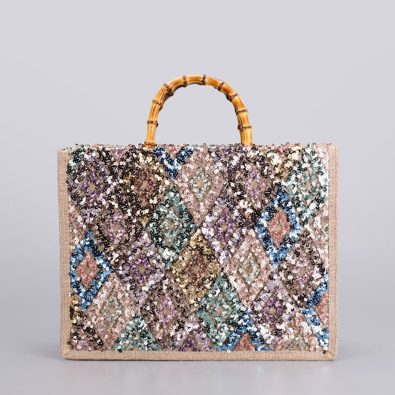 Women Bamboo Woven Straw Tote Bag, Sequin Large Capacity Handbag