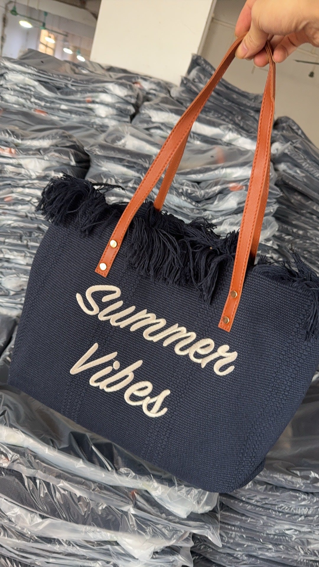 Women Large Canvas Embroidered Letter Tote Handheld Woven Beach Bag