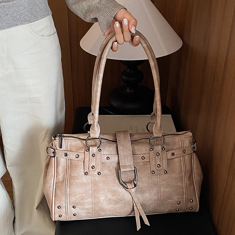 Structured PU Leather Shoulder Tote Bag with Rivet Detail
