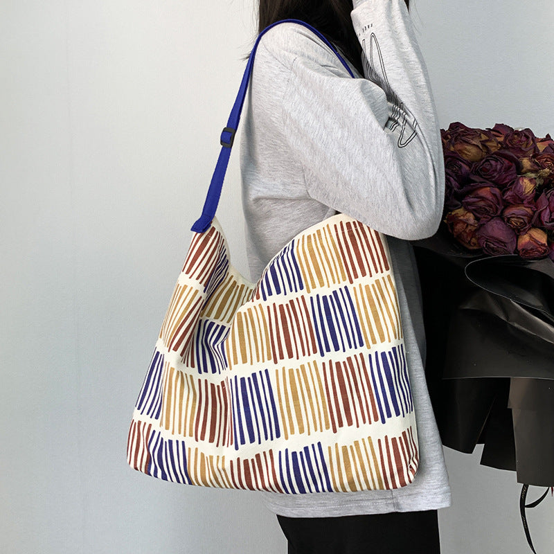 Women Color Block Stripe Crossbody Canvas Bag