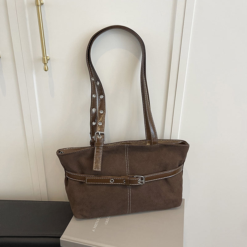 Belt Detail Suede Texture Zip Shoulder Bag