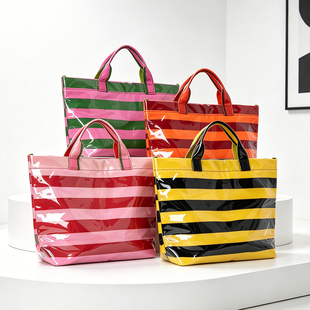 Glossy PVC Striped Waterproof Large Capacity Tote Bag