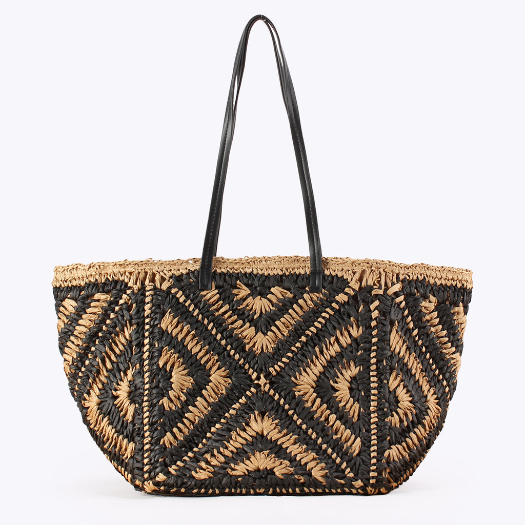 Oversized Geometric Paper Straw Woven Shoulder Tote Bag