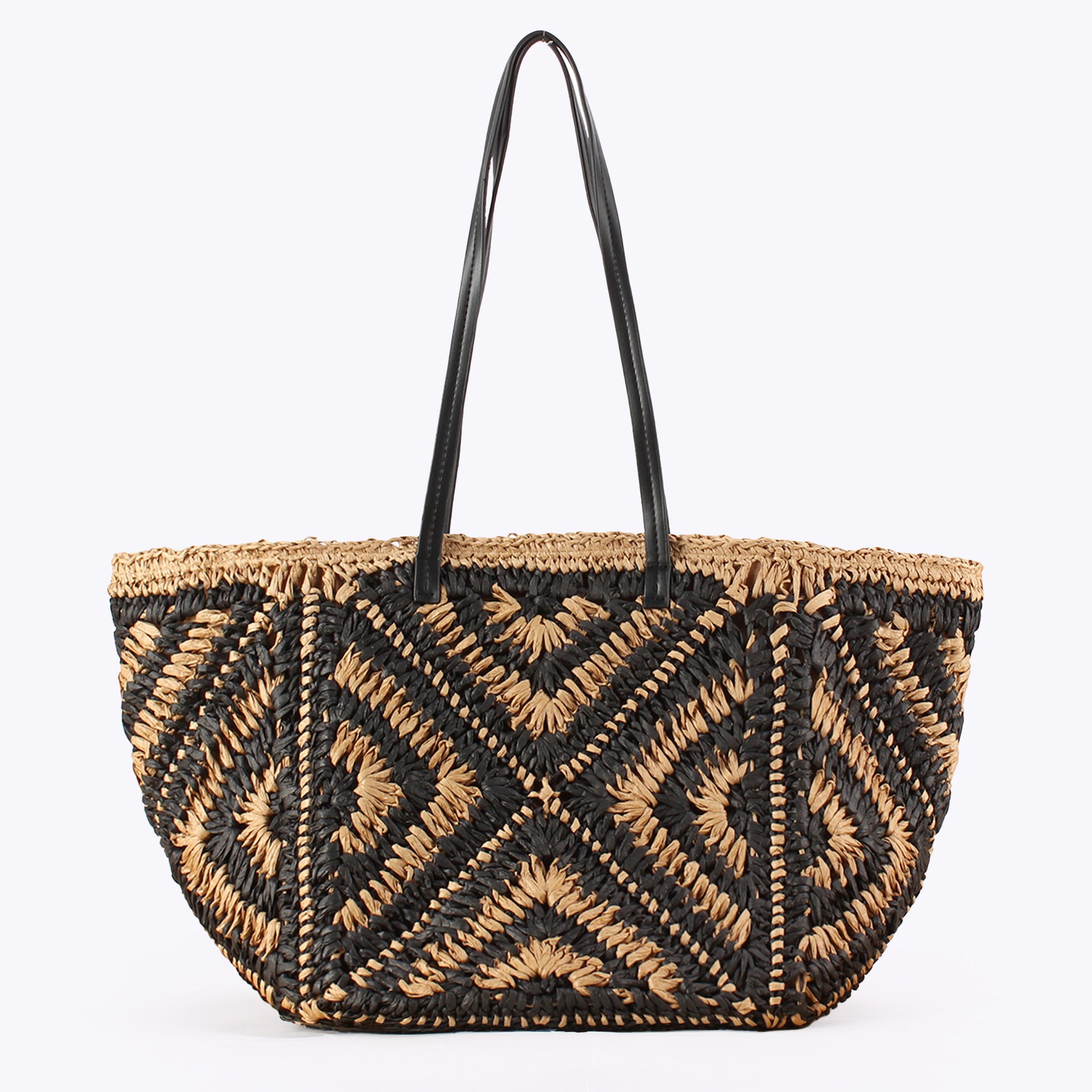 Oversized Geometric Paper Straw Woven Shoulder Tote Bag