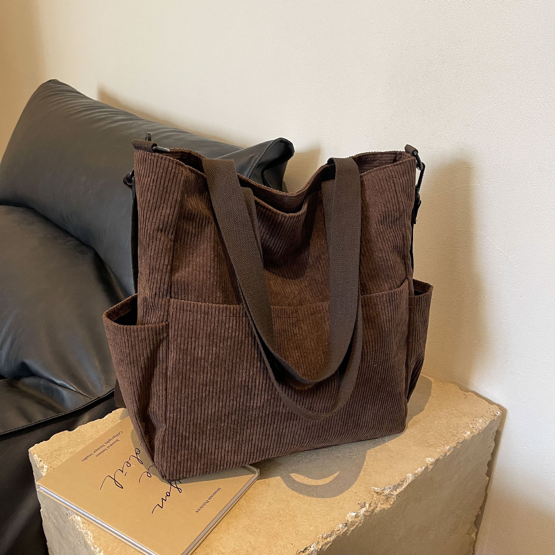 Large Corduroy Multi Pocket Convertible Shoulder Tote Bag