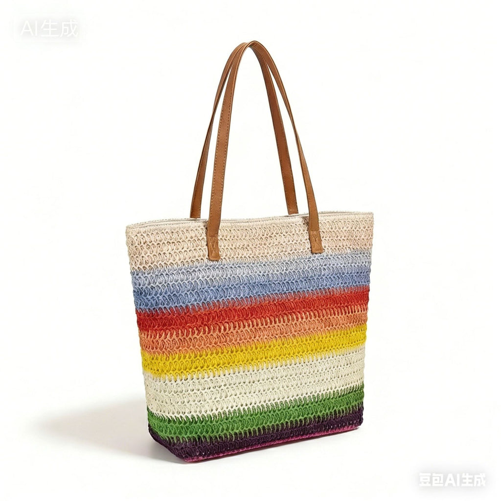 Striped Contrasting Color Handmade Straw Tote Bag