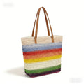Striped Contrasting Color Handmade Straw Tote Bag