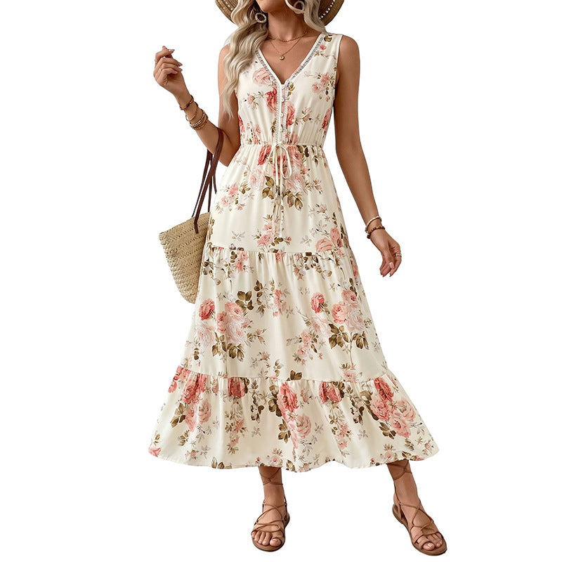 Women Summer Sleeveless Lace V Neck Floral Elegant Dress