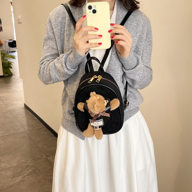 Mini Suede Backpack with Cute Plush Bear
