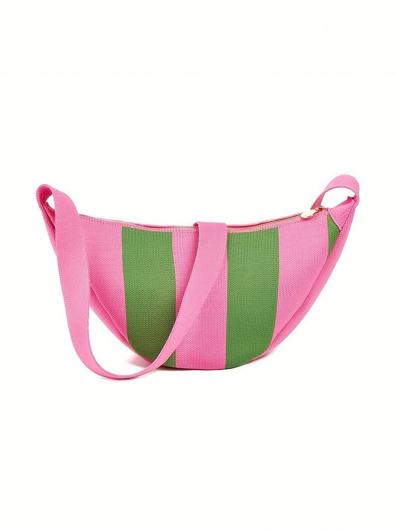 Striped Crescent Shoulder Bag with Zipper Closure