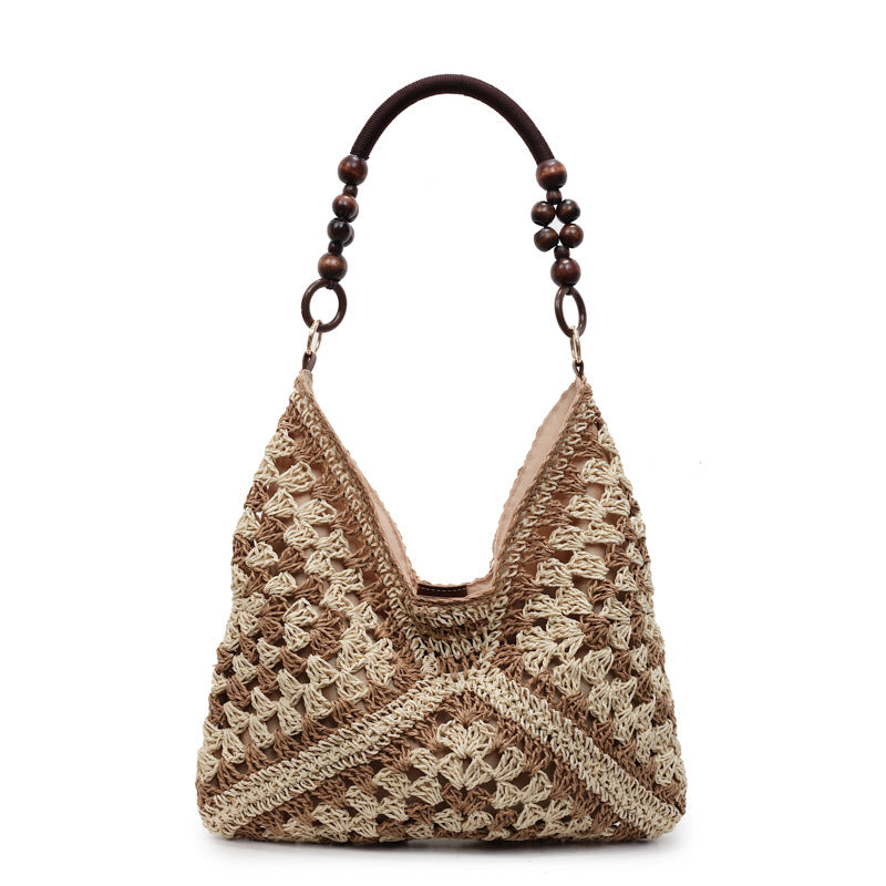 Women Summer Hollow Straw 2026 New Vintage Wood Bead Shoulder Beach Bag