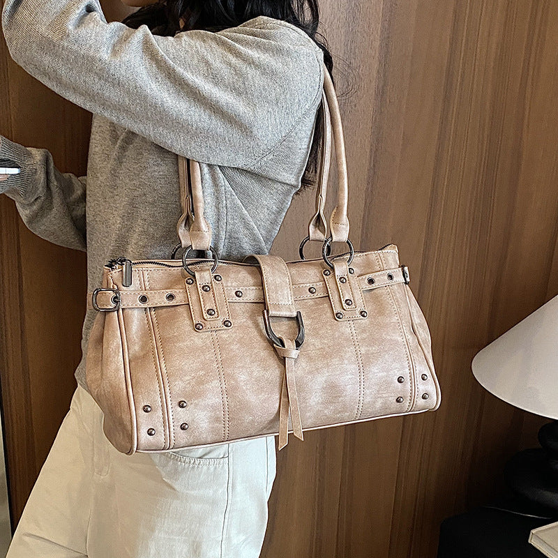 Structured PU Leather Shoulder Tote Bag with Rivet Detail