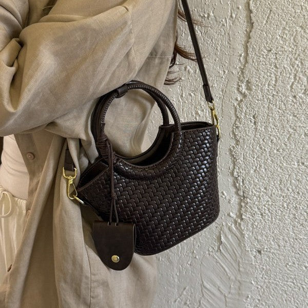 Woven Mini Tote Bag with Round Handles and Crossbody Strap