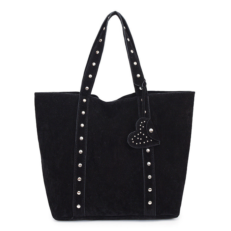 Vintage Suede-Look Studded Tote Bag with Heart Charm