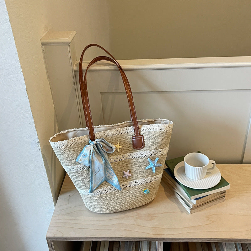 Women New Straw Picnic Woven Beach Handheld Tote Bag