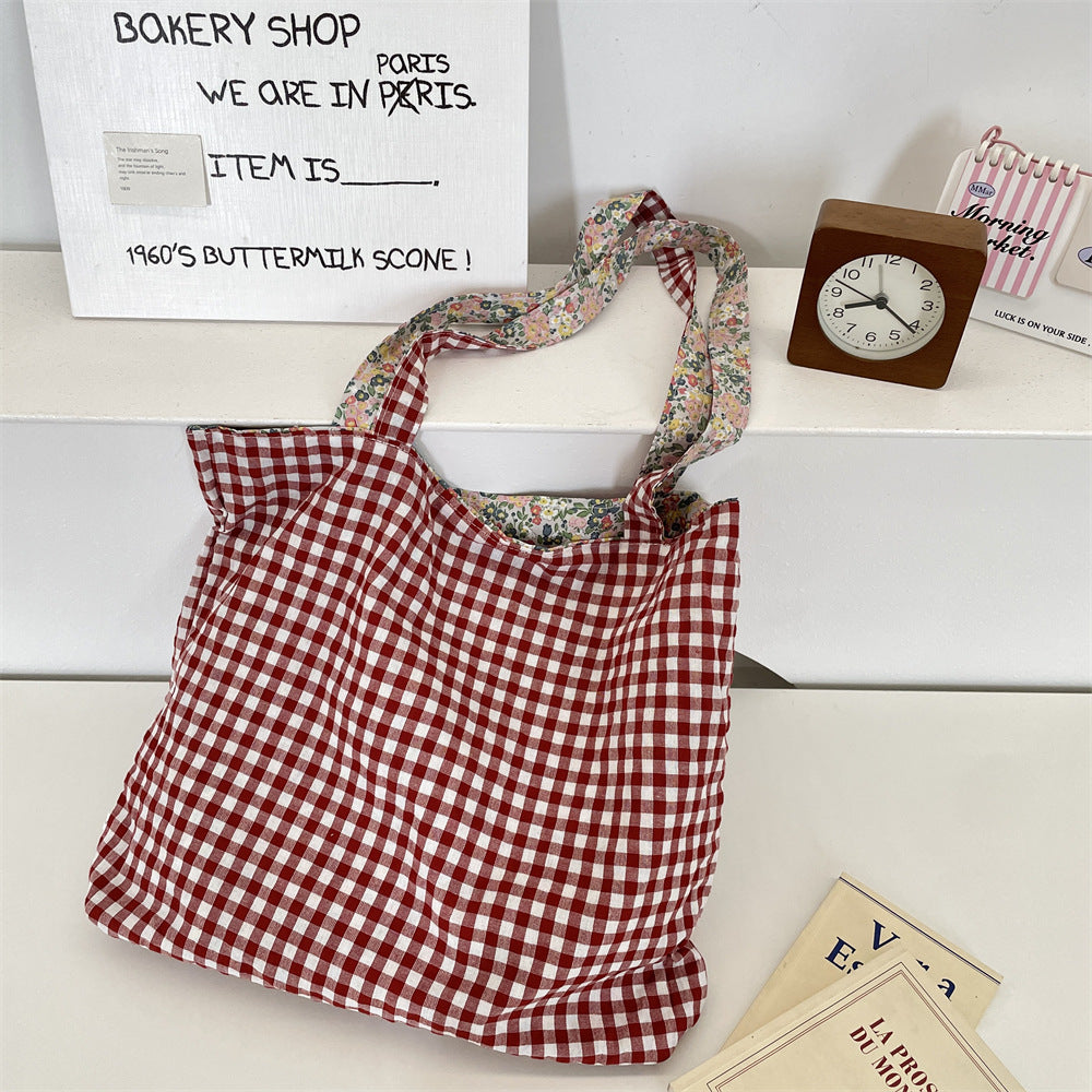 Bubble Cotton Double-Sided Plaid Floral Canvas Tote