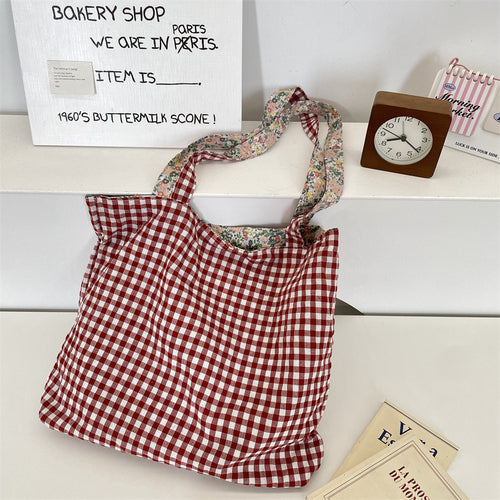 Bubble Cotton Double-Sided Plaid Floral Canvas Tote