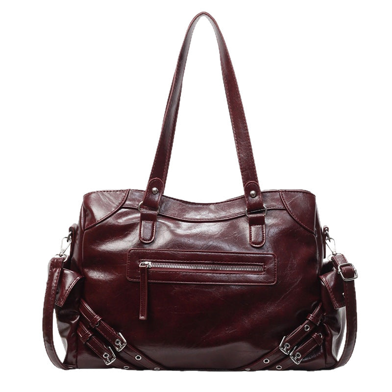 Retro Glossy Faux Leather Tote Bag with Multiple Pockets