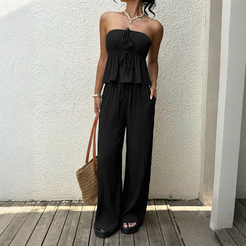 2026 Summer New Casual Solid Strapless Ruffle Tank Top Wide Leg Pants Two Piece Set