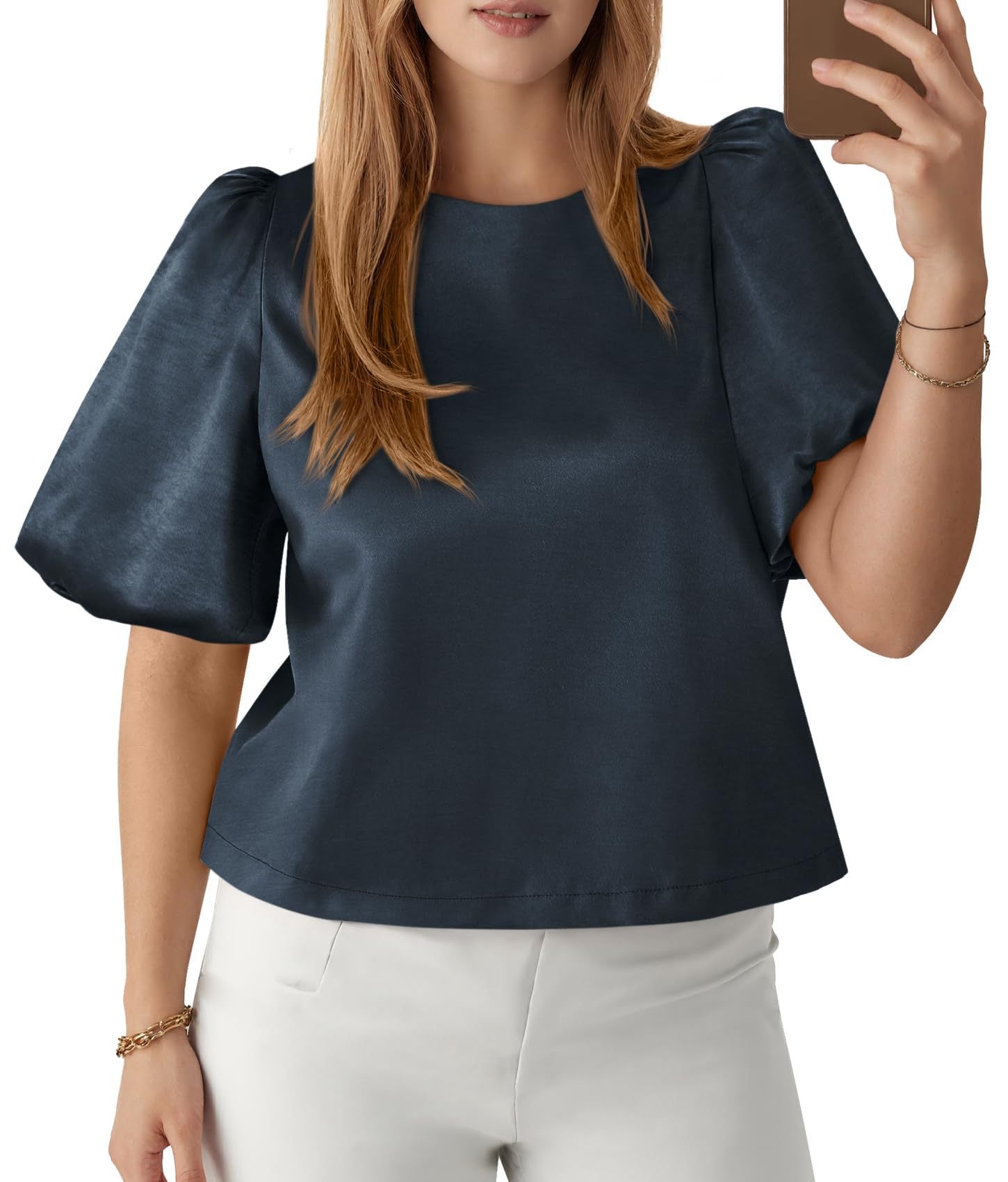 Elegant Women's Round Neck Satin Puff Sleeve Baby Doll Top