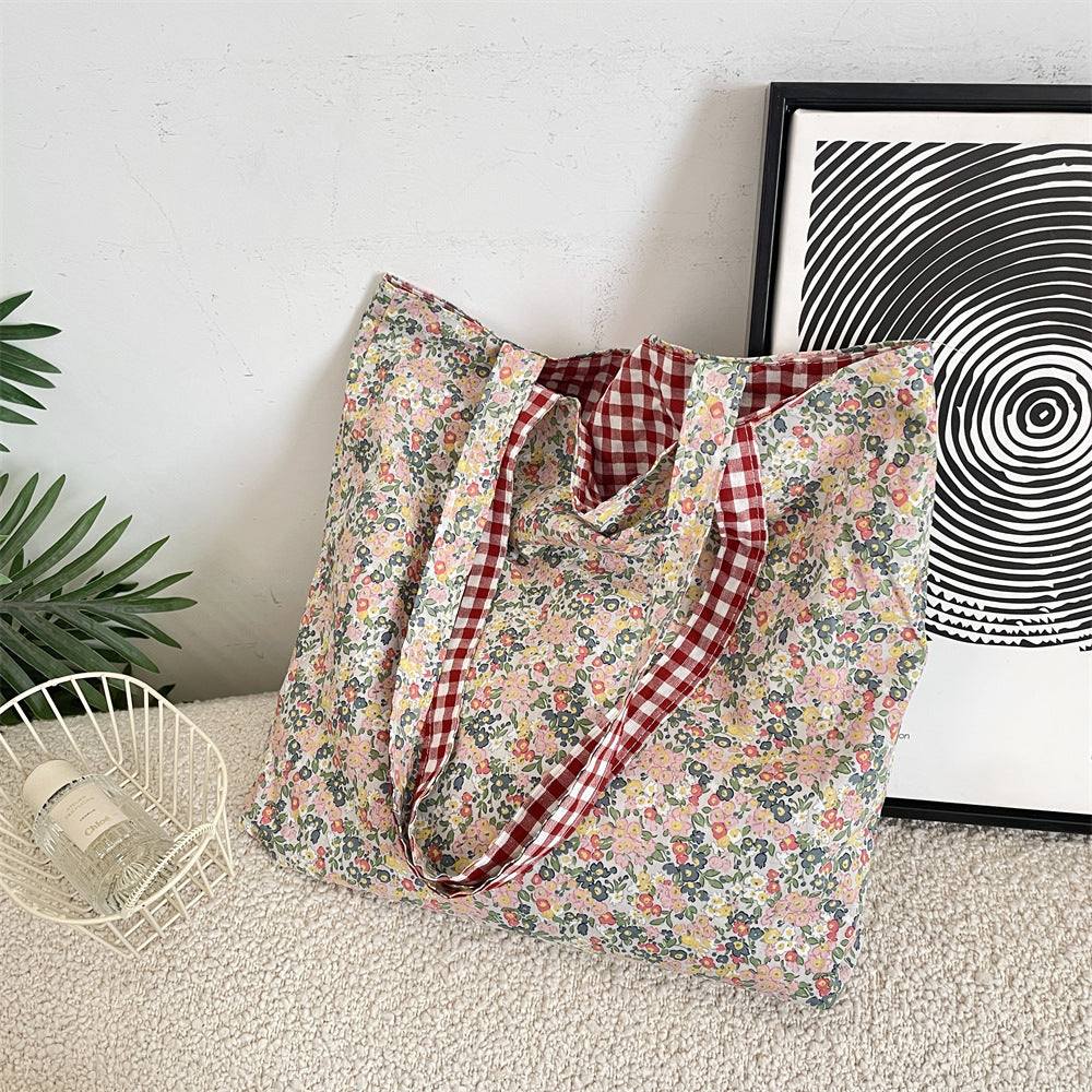 Bubble Cotton Double-Sided Plaid Floral Canvas Tote