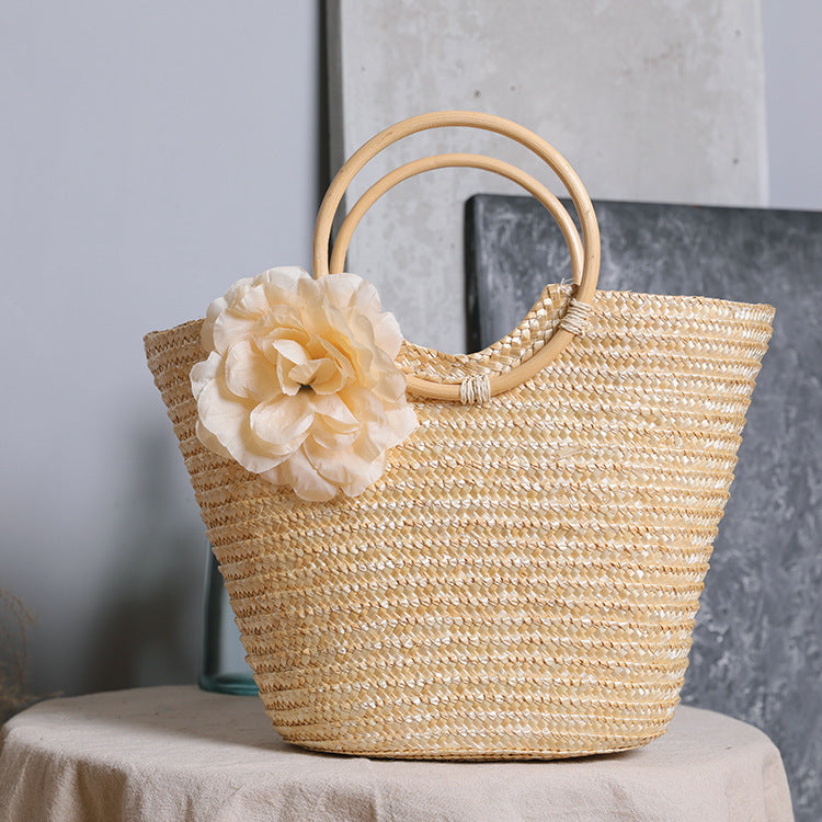 Women 2026 New Wheat Straw Woven Wooden Handle Pastoral Ins Style Handbag
