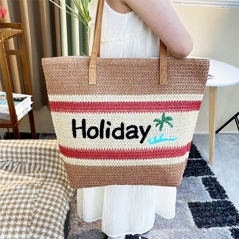 Striped Contrast Letter Embroidery Woven Beach Shoulder Bag